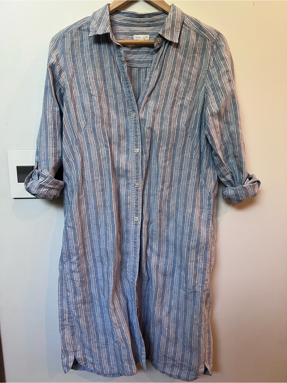 J.Jill Love Linen Blue Striped Long Button Down Tunic Shirt Sz S